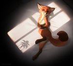 ancesra anthro bed butt canid canine claws crossed_arms digital_media_(artwork) disney flower flower_pot fox furniture gloves_(marking) half-closed_eyes hi_res inside light lighting lying male mammal markings narrowed_eyes nick_wilde nude on_bed pawpads paws plant plant_pot potted_plant red_fox shaded shadow silhouette smile solo sunlight true_fox window_shade zaush zootopia