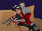 anthro clothing domestic duo food furniture hug legwear male male/male sandwich_(food) sofa stockings reachahighernoon helluva_boss blitzo_(helluva_boss) stolas_(helluva_boss) avian bird demon humanoid imp owl