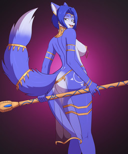 5_fingers accessory anthro areola biped blue_body blue_fur blue_hair bottomwear breasts butt clothing curvy_figure ear_piercing ear_ring female fingers fur furgonomics gem green_eyes hair jewelry loincloth looking_at_viewer looking_back looking_back_at_viewer markings mostly_nude multicolored_body multicolored_fur nipple_piercing nipple_ring nipples open_mouth piercing rear_view ring_piercing simple_background solo staff tail tail_accessory translucent translucent_clothing voluptuous weapon white_body white_fur flyingtrace nintendo star_fox krystal_(star_fox) canid canine canis fox mammal 2025 digital_media_(artwork) hi_res shaded signature