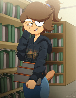 5_fingers black_clothing black_eyes black_eyewear black_glasses black_hoodie black_topwear blue_bottomwear blue_clothing blue_shirt blue_skirt blue_topwear book bookshelf bottomwear brown_body brown_hair brown_tail clothed clothed_female clothed_humanoid clothing eyewear female fingers furniture glasses hair holding_book holding_object hoodie inside library long_hair long_sleeves looking_at_viewer open_mouth open_smile ponytail round_glasses shirt skirt smile smiling_at_viewer solo standing tail teeth text topwear p0stalk cartoon_network king_gizzard_and_the_lizard_wizard regular_show eileen_roberts animal_humanoid eulipotyphlan eulipotyphlan_humanoid humanoid mammal mammal_humanoid mole_humanoid 2025 artist_name hi_res