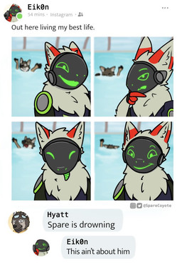 anthro asphyxiation beach cybernetics drowning duo eyes_closed humor machine male neck_tuft palm_tree plant pose screen screen_face seaside smile social_media text tongue tongue_out tree tuft water sparecoyote instagram this_ain't_about_him spare_(sparecoyote) canid canine canis coyote cyborg mammal protogen english_text