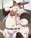 anthro baseball_(sport) baseball_bat baseball_field baseball_uniform bat_(object) belly big_belly bottomwear brown_body brown_fur clothed clothing detailed_background fur kemono leaf male open_clothing open_shirt open_topwear overweight overweight_male pants shirt solo sport sportswear topwear uniform shirokumaou dorabase pokoemon_(character) canid canine mammal raccoon_dog tanuki 2024 hi_res