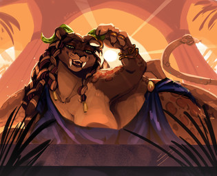 anthro areola areola_slip breasts clothing fangs female lying overweight overweight_female robe solo teeth wings jackaroni mythology felid leopard lion mammal mythological_creature pantherine absurd_res hi_res
