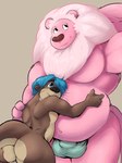 anthro balls bashful belly big_belly black_whiskers blue_ear_piercing blue_eyes blue_hair bottomwear bulge butt clothing detailed_bulge duo ear_piercing fur genitals hair hand_behind_head hug hugging_another hugging_belly looking_at_another looking_away looking_up_at_another male male/male membrane_(anatomy) musclegut muscular nipples otter_tail piercing pink_body pink_fur simple_background webbed_hands whiskers pandottermon cartoon_network steven_universe chester_(pandottermon) lion_(steven_universe) felid lion mammal mustelid otter pantherine hi_res