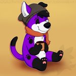 anthro clothing container cup eyes_closed footprint fur hat headgear headwear male markings pawpads pawprint pawprint_(marking) paws purple_body purple_fur scarf smile solo canvaskat pawalo canid canine canis domestic_dog elkhound mammal spitz 1:1 hi_res