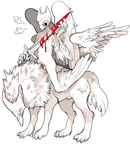 ambiguous_gender anthro blood bodily_fluids claws digitigrade duo feathered_wings feathers feral fur genitals male melee_weapon multi_eye nipples nude penis quadruped riding simple_background straddling sword tail weapon white_background white_body white_feathers white_fur wings yolk_(artist) the_lesser_key_of_solomon andras avian demon 2012 hi_res monochrome