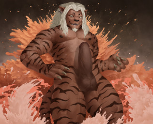 abs anthro balls biceps big_penis brown_body brown_fur claws ear_piercing ear_ring erection facial_hair fur genitals goatee hair humanoid_genitalia humanoid_penis male muscular muscular_male nipples nude penis piercing ring_piercing sharp_teeth solo striped_body striped_fur stripes teeth vein veiny_penis water wave white_hair oddeyresproductions hunter_x_hunter leol_(hunter_x_hunter) chimera_ant felid lion mammal pantherine hi_res