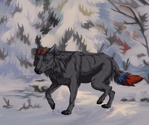ambiguous_gender black_nose black_pawpads blue_eyes blue_tail cheek_tuft day facial_tuft feral grey_tail leg_tuft logo mouth_closed neck_tuft outside pawpads plant red_tail side_view snow solo tail tree tuft msdeadsoul canid canine mammal 2021 artist_logo dated
