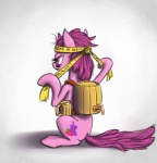 backpack barrel beverage bodypaint container cup cutie_mark eyelashes face_paint female feral fluid_tap food fur hair head_ban long_hair pink_hair pose purple_eyes shadow simple_background sitting solo spigot text turned_back warpaint white_background madhotaru friendship_is_magic hasbro my_little_pony berry_punch_(mlp) earth_pony equid equine horse mammal pony english_text