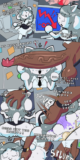 abdominal_bulge anthro arms_tied bodily_fluids body_writing bound condom cum cum_in_mouth cum_in_vagina cum_inside dark_body dark_penis dark_skin deep_throat duo female filled_condom forced genital_fluids genitals hair it'll_never_fit male male/female oral oral_penetration penetration penis pulling_hair rape sex sexual_barrier_device text touching_hair used_cocksleeve bav undertale undertale_(series) temmie_(undertale) tem 2025 digital_media_(artwork) english_text hi_res