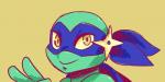 ambiguous_gender anthro clothing kerchief looking_at_viewer mask ranged_weapon shell shuriken simple_background smile solo weapon yellow_background yellow_eyes inkyfrog teenage_mutant_ninja_turtles leonardo_(tmnt) reptile scalie turtle 2019 2:1