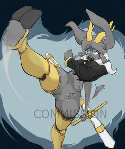 anthro armor armored_legs big_breasts blue_eyes breasts eyes_up female gesture hair hand_gesture hooves horn kick long_ears looking_up one_leg_up pointing pointing_at_self raised_leg solo tail thick_thighs tied_hair wide_hips angel_sasha pseudoregalia sybil_(pseudoregalia) bovid caprine goat mammal colored hi_res line_art shaded watermark