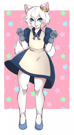 anthro biped blue_eyes border clothed clothing crossdressing crown dress eyebrow_through_hair eyebrows femboy footwear fur gloves hair handwear headgear inner_ear_fluff looking_at_viewer male open_mouth pattern_background pink_background pink_inner_ear pink_nose shoes simple_background solo standing translucent translucent_hair tuft white_body white_border white_fur white_hair white_inner_ear_fluff thericegoat felid feline mammal 2020 digital_media_(artwork) full-length_portrait hi_res portrait shaded signature