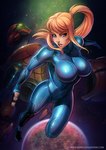 armor big_breasts blonde_hair blue_eyes breasts clothed clothing female gun hair headgear helmet not_furry orbit ranged_weapon solo space suit text thick_thighs thin_calves varia_suit weapon wide_hips zero_suit reiq metroid nintendo samus_aran human mammal url