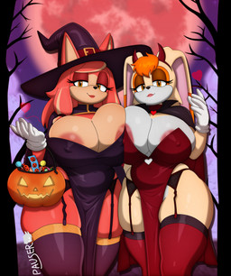 anthro big_breasts big_butt breast_squish breasts butt candy clothing condom_wrapper dessert duo fake_horns female female/female female_anthro food garter_belt garter_straps hat headgear headwear heart_symbol holidays legwear mature_female moon nipple_outline nipple_slip outside red_moon squish thick_thighs thigh_highs wide_hips witch_hat pauser95 halloween sega sonic_the_hedgehog_(series) the_murder_of_sonic_the_hedgehog conductor's_wife_(sonic) vanilla_the_rabbit canid canine canis domestic_dog lagomorph leporid mammal rabbit absurd_res hi_res