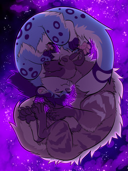 anthro duo floating galaxy hug male male/male nebula space yin_yang fetishame cosmic stellar felid hyena mammal pantherine snow_leopard 3:4 absurd_res hi_res
