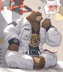 4_toes 5_fingers angry anthro barefoot belt belt_buckle biped black_clothing black_jacket black_sclera black_shirt black_topwear bluesky_logo bodily_fluids bottomwear brown_body brown_claws brown_fur buckle cellphone claws clothed clothed_anthro clothed_male clothing cross-popping_vein detailed_background duo electronics emanata eye_patch eyewear facebook_logo facial_scar feet feet_together fingers fist front_view frustration_cloud fully_clothed fully_clothed_anthro fully_clothed_male fur furrowed_eyebrows hand_on_leg hand_on_own_leg hand_on_own_thigh hand_on_thigh holding_cellphone holding_object holding_phone holding_smartphone instagram_logo jacket looking_at_cellphone looking_at_object looking_at_phone male missing_eye monotone_body monotone_bottomwear monotone_clothing monotone_fur monotone_pants mouth_closed multicolored_clothing multicolored_shirt multicolored_topwear neck_tuft nervous nervous_sweat open_clothing open_jacket open_mouth open_topwear pants phone plantigrade pockets print_clothing print_shirt print_topwear pupils scar shirt simple_eyes sitting smartphone snout solo_focus sweat sweatdrop sweaty_face teeth text text_on_clothing text_on_jacket text_on_topwear toes topwear tuft twitter_logo two_tone_clothing two_tone_jacket two_tone_shirt two_tone_topwear white_bottomwear white_clothing white_eyes white_jacket white_pants white_topwear yellow_clothing yellow_eyes yellow_shirt yellow_topwear kuromonsart bluesky_(social_media) facebook instagram mihoyo twitter zenless_zone_zero ben_bigger koleda_belobog bear human mammal 2024 absurd_res artist_name chinese_text colored digital_drawing_(artwork) digital_media_(artwork) full-length_portrait hi_res portrait translation_request