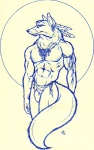 1993 abs anthro blue_and_white bulge canid canine canis clothed clothing coyote detailed_bulge feathers fluffy fluffy_tail genital_outline iisaw jewelry male mammal monochrome muscular muscular_anthro muscular_male necklace sheath_outline smile solo tail topless tribal