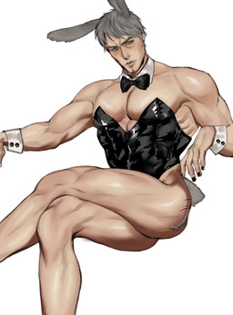 abs alternate_species black_clothing black_leotard black_nails bow_tie bunny_costume clothed clothing colored_nails costume crossdressing crossed_legs facial_hair goatee grey_hair hair humanoidized leotard looking_aside male mature_humanoid mature_male muscular muscular_arms muscular_humanoid muscular_legs muscular_male nails pecs playboy_bunny rabbit_ears scut_tail shirt_collar short_hair short_tail simple_background sitting_on_another solo strapless_clothing strapless_leotard tail white_background sotenborinpc sega yakuza_(series) kazuma_kiryu animal_humanoid humanoid lagomorph lagomorph_humanoid leporid_humanoid mammal mammal_humanoid rabbit_humanoid tailed_humanoid digital_drawing_(artwork) digital_media_(artwork) hi_res