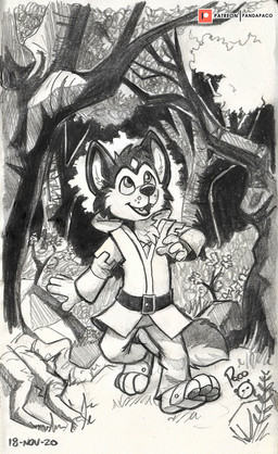 anthro cheek_tuft clothed clothing facial_tuft fangs front_view glistening glistening_eyes head_tuft logo looking_up male open_mouth open_smile pawpads plant rock smile solo teeth tree tuft walking young young_anthro young_male pandapaco canid canine mammal 2020 artist_logo dated full-length_portrait hi_res portrait signature spot_color