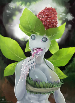 areola big_breasts bodily_fluids breasts clothed clothing creepy female leaf long_tongue not_furry open_mouth partially_clothed plant shampoo_ginger solo text tongue tongue_out water wet feyhearts chucklefish starbound elemental_creature elemental_humanoid flora_fauna floran humanoid plant_humanoid 2015 hi_res url