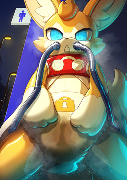 ambiguous_gender anthro biped blue_eyes bodily_fluids clean_diaper clothed clothing costume detailed_background diaper fumes genital_fluids glistening hosesuit implied_chastity leaking_diaper lock_symbol tight_clothing unclean_diaper urine used_diaper wet_diaper wetting 996_9696 cygames world_flipper light_(world_flipper) canid canine fox mammal 2025 digital_media_(artwork) hi_res