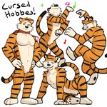 anthro countershading dancing eyebrows fur hands_on_hips male muscular muscular_anthro muscular_male musical_note musical_symbol navel nude open_mouth open_smile pawpads pecs raised_eyebrow scarf simple_background sitting smile solo standing symbol text tuft white_background jrjresq calvin_and_hobbes hobbes felid mammal pantherine tiger 2021 english_text