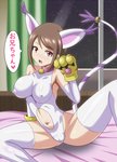 bed bell bell_collar big_breasts blush breasts brown_hair camel_toe cat_tail collar cosplay female furniture hair implied_incest inside navel night nipple_outline solo heigani bandai_namco digimon hikari_kamiya animal_humanoid digimon_(species) gatomon humanoid