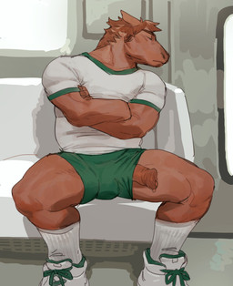anthro biped bodily_fluids bottomwear brown_body clothed clothing crossed_arms erection erection_under_clothing eyebrows eyes_closed fingers genital_fluids hair male mouth_closed precum public public_exposure sitting solo topwear bebebebebe equid equine horse mammal hi_res