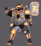 anthro armor balls belly big_penis futuristic genitals glowing glowing_genitalia glowing_markings glowing_nipples glowing_penis hammer huge_penis male markings maul musclegut muscular nipples overweight overweight_male pecs penis solo tools weapon_on_shoulder oliburgob canid canine canis mammal wolf