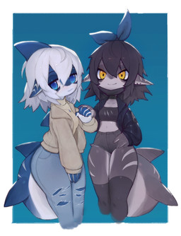 5_fingers accessory anthro biped black_clothing black_hair black_jacket black_shirt black_topwear blue_background blue_body blue_bow blue_ears blue_eyes blue_skin blue_tail bottomwear bow_(feature) bow_accessory bow_ribbon breasts brown_clothing brown_jacket brown_topwear chibi clothed clothing countershade_arms countershade_face countershade_legs countershade_skin countershade_tail countershade_torso countershading crop_top denim denim_bottomwear denim_clothing denim_shorts duo ear_fins ear_piercing ear_stud female fin fingers front_view fully_clothed glistening glistening_body glistening_hair glistening_skin grey_body grey_countershading grey_ears grey_skin grey_tail hair hair_accessory hair_bow hair_ribbon half-closed_eyes hand_holding hand_on_hip head_fin humanoid_hands jacket jeans jewelry kemono looking_at_viewer markings mask midriff monotone_hair multicolored_body multicolored_ears multicolored_skin multicolored_tail narrowed_eyes navel necklace no_pupils open_clothing open_jacket open_topwear pants piercing pupils ribbons shirt shorts simple_background slim small_breasts small_waist smile standing striped_body striped_markings striped_skin striped_tail stripes sweater tail tail_fin tail_markings thick_tail three-quarter_view topwear torn_bottomwear torn_clothing torn_jeans torn_pants two_tone_body two_tone_ears two_tone_skin two_tone_tail white_body white_countershading white_hair white_skin white_stripes white_tail yellow_clothing yellow_eyes yellow_sweater yellow_topwear soda_uyu aquatic fish shark absurd_res colored digital_media_(artwork) hi_res portrait shaded three-quarter_portrait
