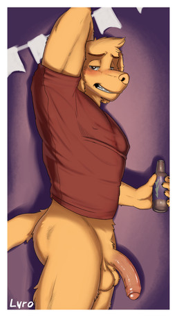 alcohol anthro balls beer beverage big_penis border bottomless bottomless_male clothed clothing foreskin genitals half-erect male partially_clothed partially_retracted_foreskin penis photo red_clothing red_shirt red_t-shirt red_topwear shirt solo t-shirt tail text topwear white_border yellow_body lyrobr glitch_productions the_amazing_digital_circus scratch_(tadc) canid canine mammal absurd_res hi_res