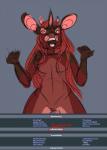 anthro breasts brown_body brown_hair brown_nose featureless_breasts featureless_crotch female grey_background hair horn long_hair navel nude open_mouth red_eyes simple_background solo standing adeloo furaffinity antelope bovid mammal hi_res sketch