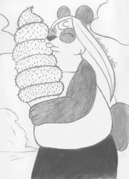 anthro black_body black_fur black_nose clothed clothing cloud dessert eating eating_food eyes_closed female food fur fur_markings grass hair ice_cream ice_cream_cone licking licking_food licking_ice_cream markings outside plant round_ears shrub sky slightly_chubby solo sprinkles tail tongue tongue_out white_body white_fur white_hair lunarpanda8686 mika_(lunarpanda8686) bear giant_panda mammal ursine graphite_(artwork) hi_res traditional_media_(artwork)