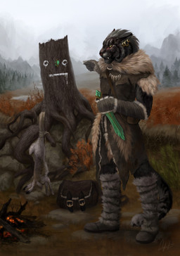 5_fingers anthro black_lips clothed clothing dagger detailed_background digitigrade duo ear_piercing fingers grass holding_object holding_weapon lips male melee_weapon piercing plant sky smile standing teeth weapon yellow_eyes wolnir bethesda_game_studios microsoft skyrim the_elder_scrolls s'ariq_(khajiit_will_follow) felid khajiit lagomorph leporid mammal rabbit hi_res