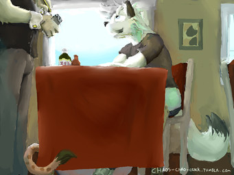 ambiguous_gender anthro fellatio group male male/ambiguous oral penile public restaurant sex stealth_sex tablecloth under_table a2 amarantus chip_(chaoschaocrack) skyfursona canid canine giraffe giraffid mammal 4:3 digital_media_(artwork)