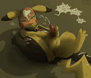 anus aroused balls blush blush_lines bodily_fluids butt clothing cosplay_pikachu_(costume) cum cumshot dialogue drooling ejaculation erection genital_fluids genitals lying male mask masturbation on_back penis precum presenting presenting_hindquarters saliva simple_background solo speech_bubble sports_mask sportswear sweat sweatdrop tail text touching_penis wrestling_mask yellow_body qrnrr nintendo pokemon pikachu_libre generation_1_pokemon pikachu pokemon_(species) english_text