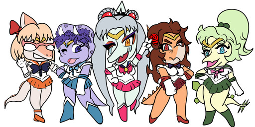 anthro blonde_hair blue_body blue_eyes bottomwear chibi clothing cosplay eyewear facial_horn female glasses green_hair grey_hair group hair horn jewelry long_hair makeup multicolored_body orange_body orange_eyes purple_body purple_eyes purple_hair red_eyes simple_background skirt standing tied_hair two_tone_body white_background white_body yellow_body stillzero cavemanon_studios goodbye_volcano_high ko_op_(game_developer) sailor_moon_(series) snoot_game fang_(gvh) naomi_(gvh) rosa_(gvh) stella_(gvh_beta) trish_(gvh) aquilops ceratopsian ceratopsid chasmosaurine dinosaur hadrosaurid marginocephalian ornithischian ornithopod parasaurolophus prehistoric_species pterosaur reptile scalie stegosaurian stegosaurus thyreophoran triceratops crossover