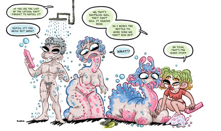 antennae_(anatomy) armless bathing bodily_fluids breast_milking clown_nose duo female feral forced forced_transformation genitals hair lactating legless male multicolored_hair nude penis showering solo_focus text transformation transformation_through_magic translucent two_tone_hair bubbalossom gastropod human mammal mollusk slug english_text hi_res
