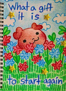 :3 ambiguous_gender blue_flower blue_sky brown_body brown_fur cloud cloudy_sky feral flower flower_field fur grass plant red_flower sky solo star text basil_mage canid canine canis domestic_dog mammal crayon_(artwork) english_text hi_res traditional_media_(artwork)