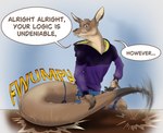 anthro clothed clothing growth holding_tail hoodie looking_at_viewer male mid_transformation simple_background solo sound_effects speech_bubble tabletop tail tail_growth tail_growth_in_pants tailsplosion text topwear torn_clothing transformation proteon kangaroo macropod mammal marsupial english_text hi_res