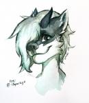 anthro black_nose fur hair hair_over_eye horn one_eye_obstructed smile solo gonewiththefart hybrid bust_portrait greyscale monochrome painting_(artwork) portrait signature traditional_media_(artwork) watercolor_(artwork)