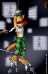 anthro arms_above_head blindfold bound canid canine captured clothed clothing eyes_closed feet fingerless_gloves fox fox_mccloud gloves handwear humanoid_feet impximon kidnap kidnapping laugh loose_feather male mammal nintendo plantigrade robotic_arm robotic_tentacles simple_background solo star_fox submissive submissive_male tickle_torture tickling tickling_armpits tickling_feet torn_clothing