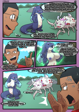 3_fingers 3_toes angry annoyed belly biped bipedal_feral black_hair blade_arm blue_body blue_ear_tips blue_eyeshadow blue_fur blue_nipples blue_tail_tip bored breast_expansion breast_growth breasts brown_body brown_eyes brown_skin busty_feral clothing covering covering_mouth cross-popping_vein demand dialogue dipstick_ears dipstick_tail ear_markings expansion eyeshadow eyewear facial_horn feet female feral fingers floppy_ears fur giggle glasses greeting growth hair hand_on_hip hand_on_own_hip horn makeup male markings multi_leg multi_limb multicolored_ears neck_tuft nipples nose_horn pink_eyes pink_eyeshadow pink_horn pink_sclera pink_spots pink_tuft pupils purple_ear_tips raised_finger red_clothing red_shirt red_spots red_topwear shirt smile spikes spikes_(anatomy) spots tail tail_markings talking_feral text toes topwear tuft white_belly white_body h1draw mythology so_i'm_a_spider_so_what? the_succubus_hunt champion_(the_succubus_hunt) fei_(the_succubus_hunt) feirune kumoko sadith_(the_succubus_hunt) arachnid arthropod dragon earth_wyrm human mammal mythological_creature mythological_scalie scalie spider absurd_res comic english_text hi_res