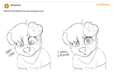 anthro clothing dialogue female floppy_ears freckles hair heart_(marking) heart_symbol loli looking_at_viewer markings shirt short_hair sniffing sniffing_viewer solo t-shirt text topwear young young_anthro young_female cobalt_snow conditional_dnp curious_cat ellie_(cobalt_snow) canid canine canis domestic_dog hunting_dog jack_russell_terrier mammal terrier comic digital_drawing_(artwork) digital_media_(artwork) english_text hi_res monochrome sketch