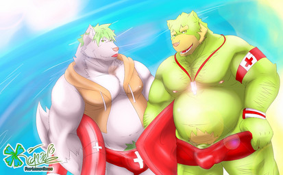 anthro belly clothing duo genitals humanoid_hands male moobs nipples outside overweight overweight_male penis pubes swimwear tongue tongue_out water kougyou bear canid canine canis domestic_dog husky mammal nordic_sled_dog spitz 2015