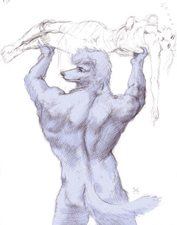 anthro blue_body blue_fur bulge calm detailed_bulge duo female fur hero male male/female muscular superhero javlinka canid canine canis mammal wolf absurd_res hi_res