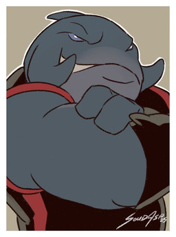 armor black_clothing blue_eyes border clothing crossed_arms grey_body grey_skin looking_at_viewer male muscular muscular_male outline simple_background smile smiling_at_viewer smirk smirking_at_viewer solo tan_background text uniform vambrace white_border white_outline solidasp disney lilo_and_stitch gantu alien alien_humanoid humanoid 2025 artist_name digital_drawing_(artwork) digital_media_(artwork) portrait