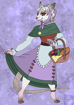 anklet anthro apple apron basket bottomwear bread cloak clothing container dress ear_piercing female food fruit grape headgear headwear holding_bottomwear holding_clothing holding_object holding_skirt jewelry kerchief pear piercing plant safety_pin skirt solo torn_ear arwenscoots conditional_dnp mammal mouse murid murine rodent hi_res