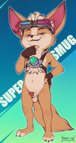 animal_genitalia animal_penis anthro balls canine_genitalia canine_penis clothing electronics eyewear eyewear_on_head feet fingerless_gloves fingers fur genitals gloves goggles goggles_on_head hair handwear harness lipsticking looking_at_viewer male narrowed_eyes navel penis sheath simple_background smile smug smug_face solo standing tail text toes neko-me mobile_legends chip_(mlbb) canid canine canis fennec_fox fox mammal true_fox digital_media_(artwork) english_text hi_res